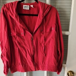 Chico's Red Polka Dot Bomber Hooded Silk Jacket. Chico Sz 2= Medium